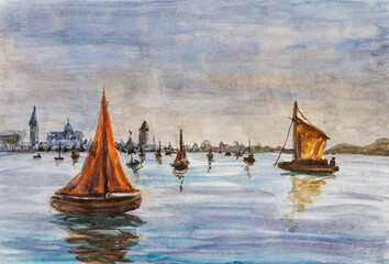Loose handmade watercolor painting of sea scene with floating ship, boat, hill and distant city