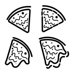 Set of Pizza slice icons. Hand drawn line doodle. Cartoon Decoration for greeting cards, posters, emblems. Vector illustration.