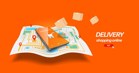 Smartphone with a cart icon on the screen placed on a GPS map and pin to the location of the delivery and there was a parcel box floating in mid-air,vector 3d on orange background for online shopping