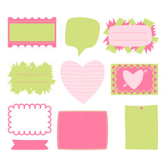 Cute hand drawn tags. Paper, notes for records. Set of multicolored sticker elements. Cute vector illustration in a flat cartoon style.