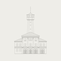 Obraz premium Line illustration of fire station building. The old fire station building.