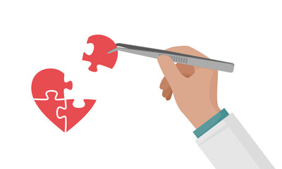 A man makes a heart puzzle with tweezers. The hand holds the puzzle piece.