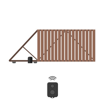 Automatic sliding gate to the yard to a private home. Vector flat illustration.