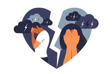 Concept of divorce, misunderstanding in family. Disagreement, relationship troubles. Man and woman in a quarrel. Conflicts between husband and wife. Vector. Flat