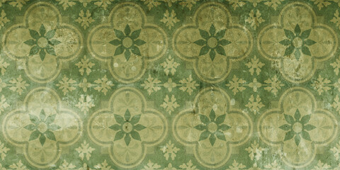 Seamless green beige vintage retro geometric square mosaic motif cement tiles with flower leaves...