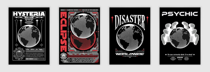Collection of modern posters with sphere of planet earth. In Techno style, stylish print for streetwear, print for t-shirts and hoodies, isolated on black background