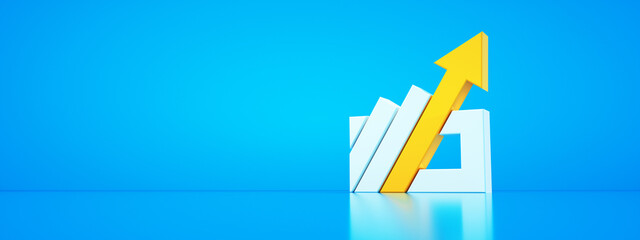 yellow arrow over blue background, 3d render, progress way and forward achievement creative concept, panoramic layout