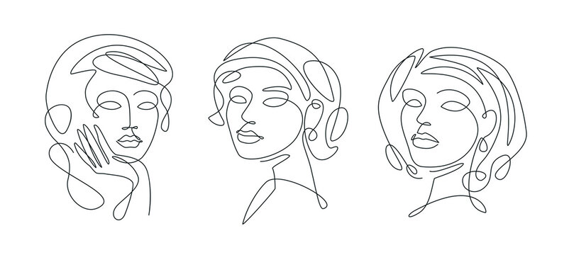 Beautiful woman face set. Concept of one line drawing art. Continuous line icon for spa salon or organic cosmetics
