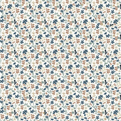 Seamless floral natural abstract  pattern on white background. Millefleurs style. Blue Flowers and leaves. Botanical. Hand drawn.