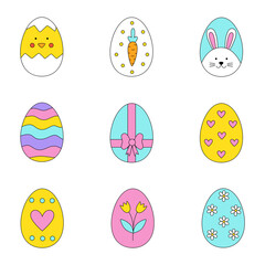 Set of colorful decorated cartoon Easter eggs.