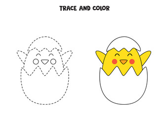 Trace and color cute baby chicken from egg. Worksheet for children.