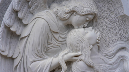 Bajorrelieve de &aacute;ngel besando la frente a una mujer de cabellos largos en Cementerio de Puebla de Fernals, Valencia.