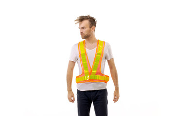 Adult man in uniform work vest  standing on white background 