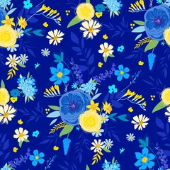 Behang Donkerblauw Nachtweide lente naadloos patroon voor jurk