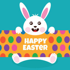 Happy Easter card. Cute cartoon bunny holding a banner and smiling. 