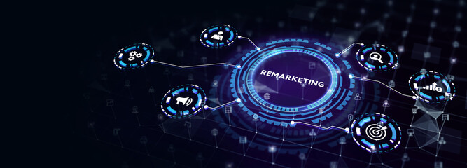 The concept of business, technology, the Internet and the network.  virtual screen of the future and sees the inscription: Remarketing 3d illustration