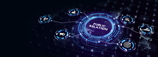 PR Public relation management. Business, Technology, Internet and network concept.3d illustration