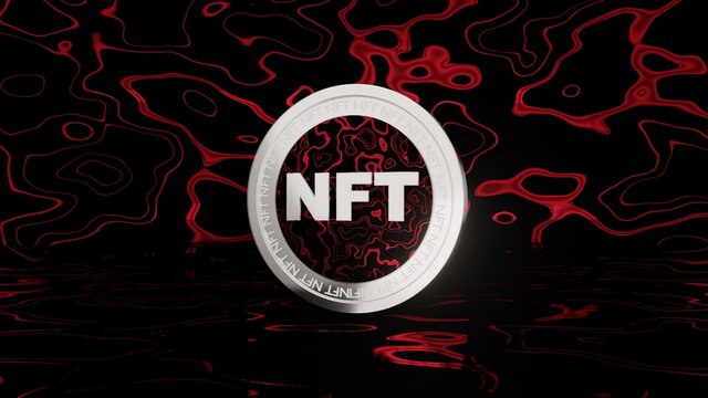 silver nft coin with abstract red background front view