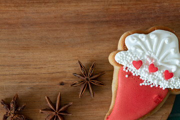 Gingerbread festive gingerbread and spices on a wooden background. Festive food background. - 482200921