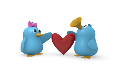 Cute blue bird couple with a red heart shape