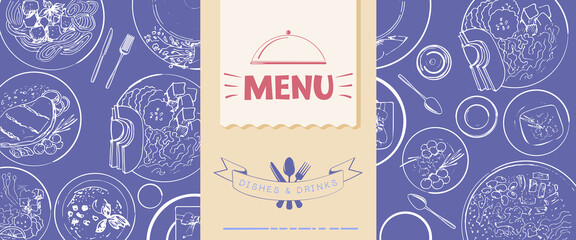 Modèle de menu pour un restaurant. Couverture d& 39 une brochure avec des plats dessinés à la manière d& 39 un croquis en couleur très péri.