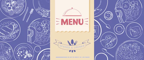 Crédence de cuisine en verre imprimé Pantone 2022 very peri Modèle de menu pour un restaurant. Couverture d& 39 une brochure avec des plats dessinés à la manière d& 39 un croquis en couleur très péri.