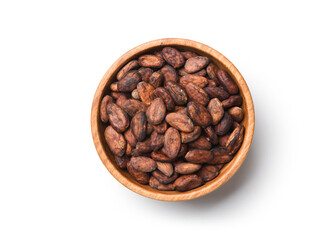 Flat lay of Cocoa beans in wooden bowl isolated on white background. Clipping path.