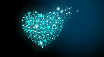 heart blue wireframe light broken on the top right side in black background - 3d rendering