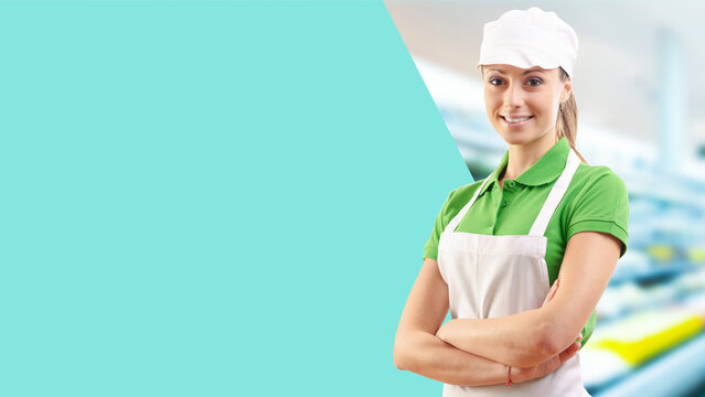 Smiling grocery store assistant portrait - Powered by Adobe