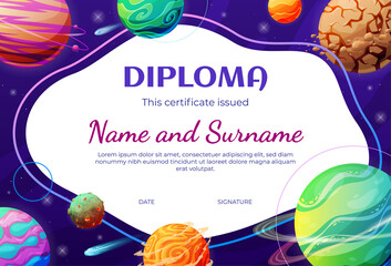 Kids diploma template with place for text decorated by 3d futuristic galaxy planet vector © Vikivector