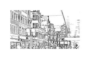 Building view with landmark of Malmo is a coastal city in southern Sweden. Hand drawn sketch illustration in vector.