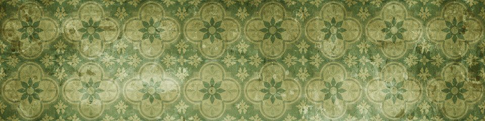 Seamless green beige vintage retro geometric square mosaic motif cement tiles with flower leaves print texture background banner panorama