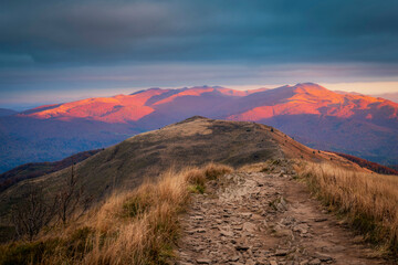 Beautiful landscape of mountains during sunset - Bieszczady in Poland