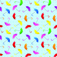 Fototapeta premium Multicolored umbrellas on a blue rain background. Seamless pattern, print, vector illustration