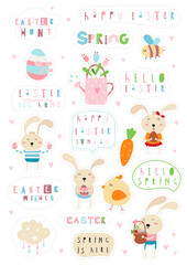 Easter Sticker Collection, hand cut lines. Easter Bunny clipart, egg, Easter phrases. Vector illustration. Isolated on white background.