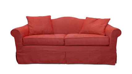 Red sofa with two pillows isolated on white background. Red classic style couch with upholstery cover