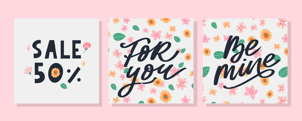 Be mine Valentine's day template for banner design. Background Romantic background. Hand lettering.