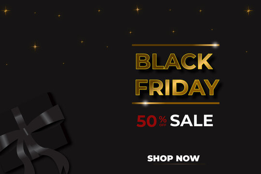 Black Friday Super Sale. Gift box with black ribbon. Dark background gold text letters with glittering gold stars. Horizontal banner, poster, website header. vector illustration 