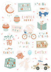 Vintage Easter Baunny Sticker set, hand cut lines. Spring clipart, egg, Easter quotes. Vector illustration. Isolated on white background.