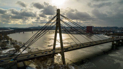 Aerial view of a transport bridge in winter