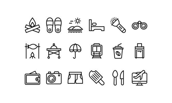 Travel tour journey SVG line icons black vector AI file