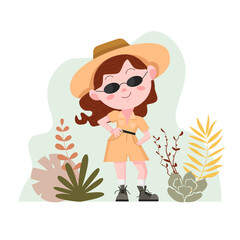 Cartoon safari scout girl vector illusration with floral background