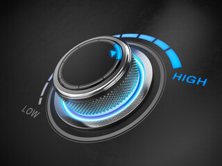 Knob turned to high position. Concept of high level performance. 3d rendering - obrazy, fototapety, plakaty