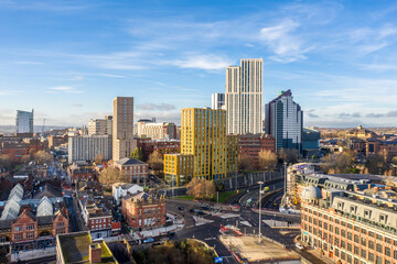 Naklejka na ściany i meble Aerial view of Skyscrapers and tower block buildings in Leeds, West Yorkshire