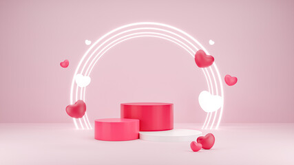 3D Render Valentine's Day Stage podium with balloon hearts decoration on pink background. Product display stage for presentation