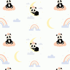 Obraz na płótnie Canvas Seamless pattern. Cute sleeping panda on moon and bear cub on cloud on white background with rainbow and star. Vector illustration. Scandinavian kids collection for design, decor, packaging, wallpaper