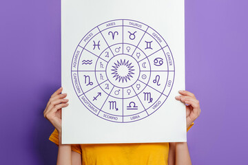 Female hands hold a large poster with the Zodiac circle isolated on a lilac background. Astrology...
