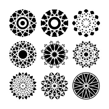 Decorative symbols with arabic geometric ornaments. Vector black and white mosaic emblems set