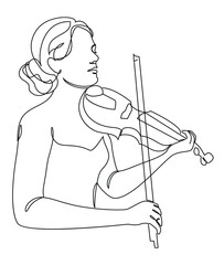 Silhouette of a beautiful woman with a violin in a modern continuous line style. Violinist girl, slender. Continuous line drawing, decor aesthetic outline, posters, stickers, logo. Vector illustration