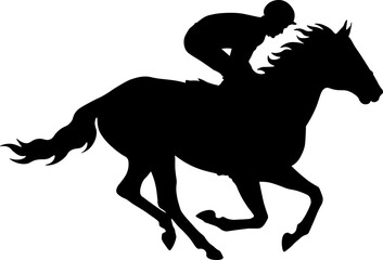 Racehorse Galloping with Jockey – Black Silhouette Illustration on White Background ¥